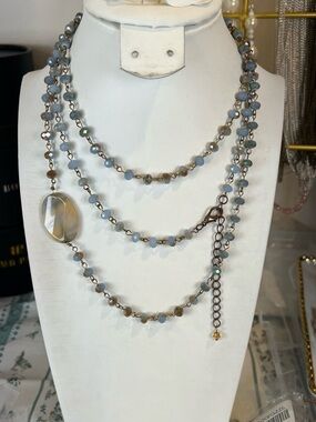 Delicate Multi-Strand Blue Bead Necklace with Faceted Pendant